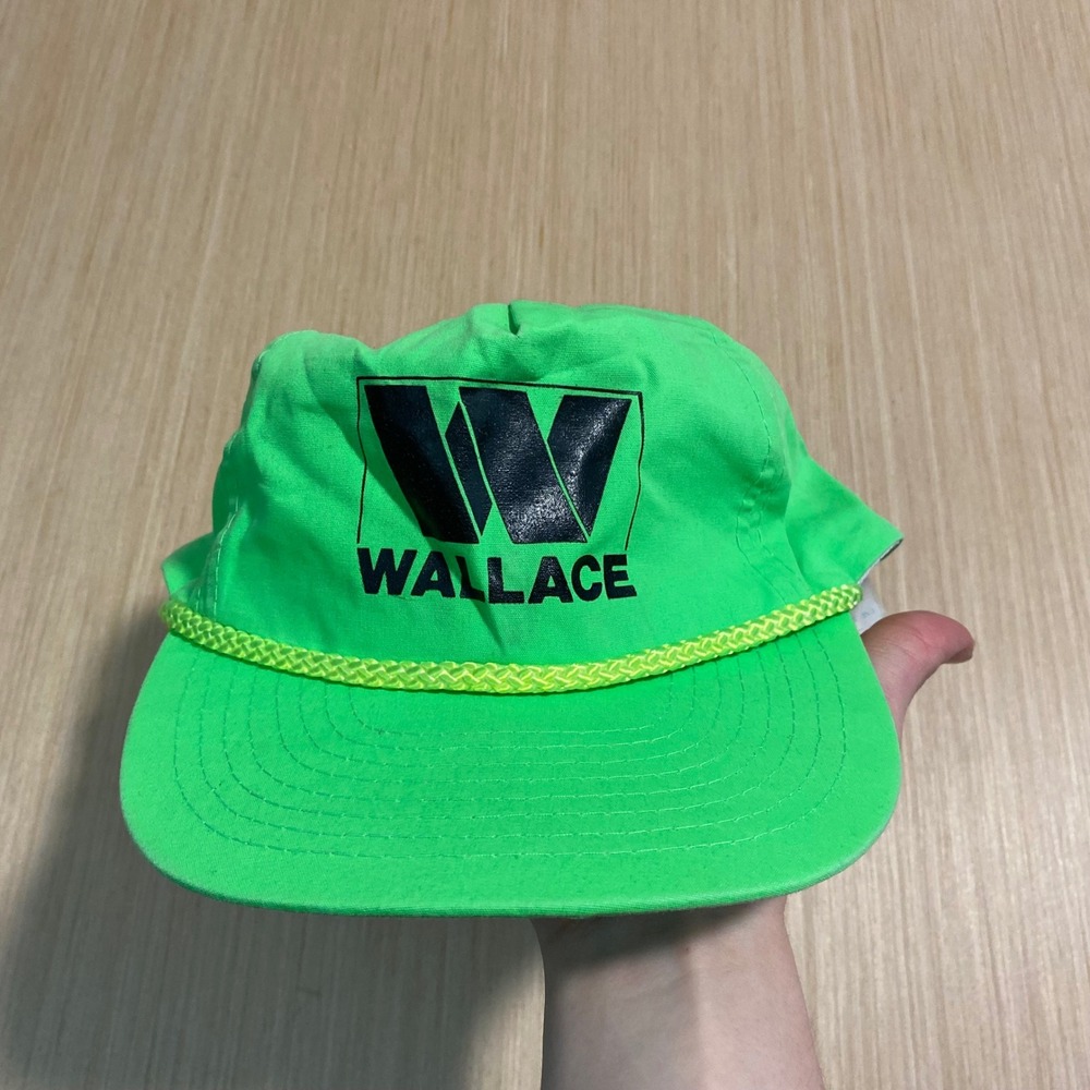 Vintage Wallace Neon Green Rope Hat Nissin Cap Mens Graphic Strapback Retro
